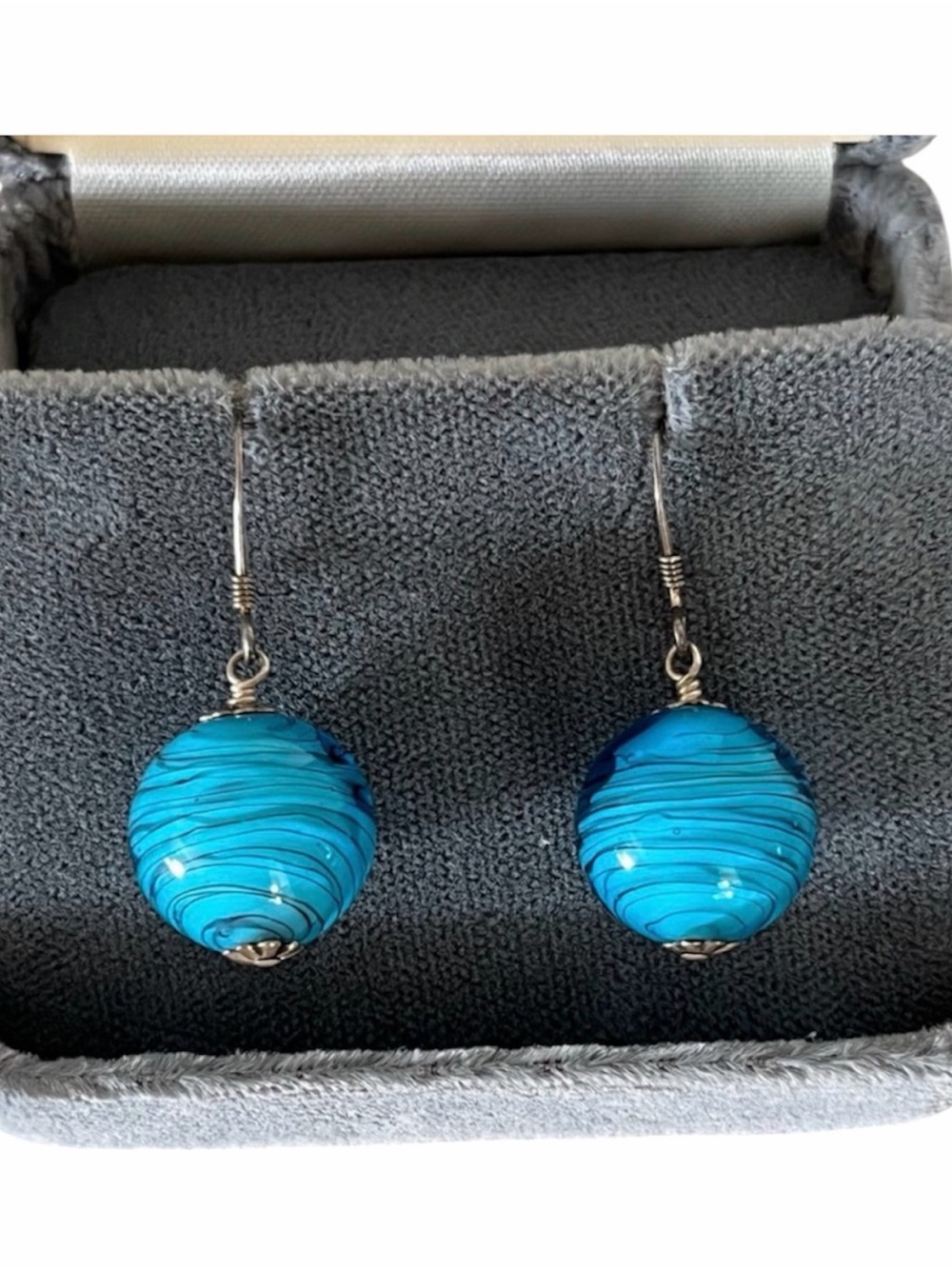 Sterling 925 Y2K Blue Swirl Ball Earrings Beach Glass Ocean Sea GORGEOUS